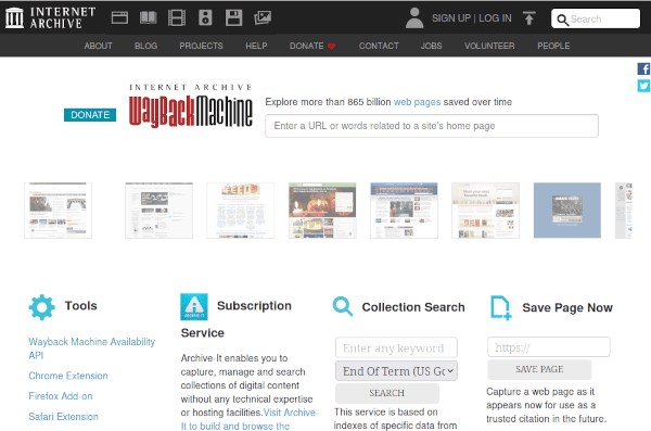 Pagina principale della Wayback Machine