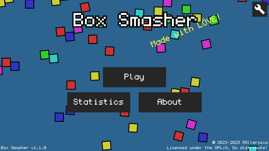 Screenshot of the main menu of Box Smasher, with a title screen, play button and boxes falling down in the backgrounds.