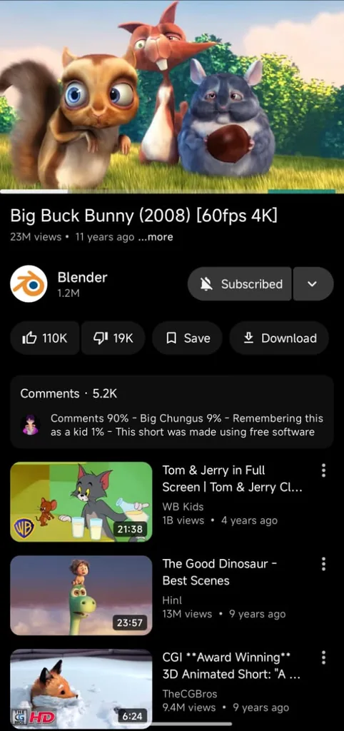 Pagina di un video in Flow: il cortometraggio «Big Buck Bunny» della Blender Foundation in riproduzione, sotto il canale con il pulsante «Subscribed», i pulsanti Mi piace, Non mi piace, Save e Download, l&rsquo;anteprima dei commenti e l&rsquo;elenco dei video correlati