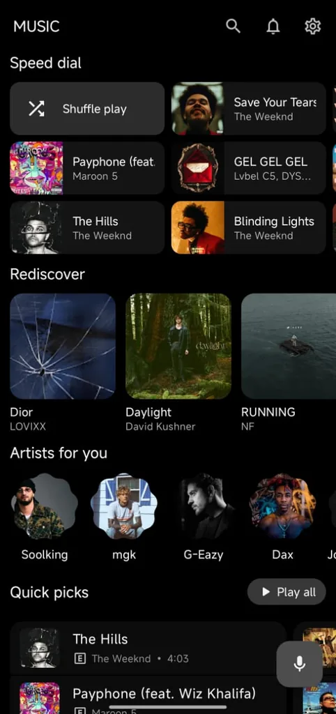 Sezione musica di Flow: lo scaffale «Speed dial» con il pulsante «Shuffle play» e cinque brani, lo scaffale «Rediscover» con tre copertine, «Artists for you» con una fila di artisti in riquadri dalla forma arrotondata e l&rsquo;inizio dei «Quick picks» con il pulsante «Play all»