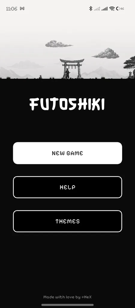 Menu principale di Simple Futoshiki: in alto un paesaggio giapponese in pixel art in bianco e nero con un torii e un ninja, sotto la scritta «FUTOSHIKI» e i pulsanti «New game», «Help» e «Themes»