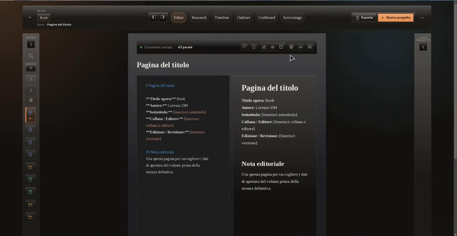 L&rsquo;editor di Pecie in vista divisa: a sinistra il testo in Markdown della «Pagina del titolo», con i campi titolo dell&rsquo;opera, autore, sottotitolo, collana ed edizione; a destra la stessa pagina già impaginata, con il paragrafo «Nota editoriale»