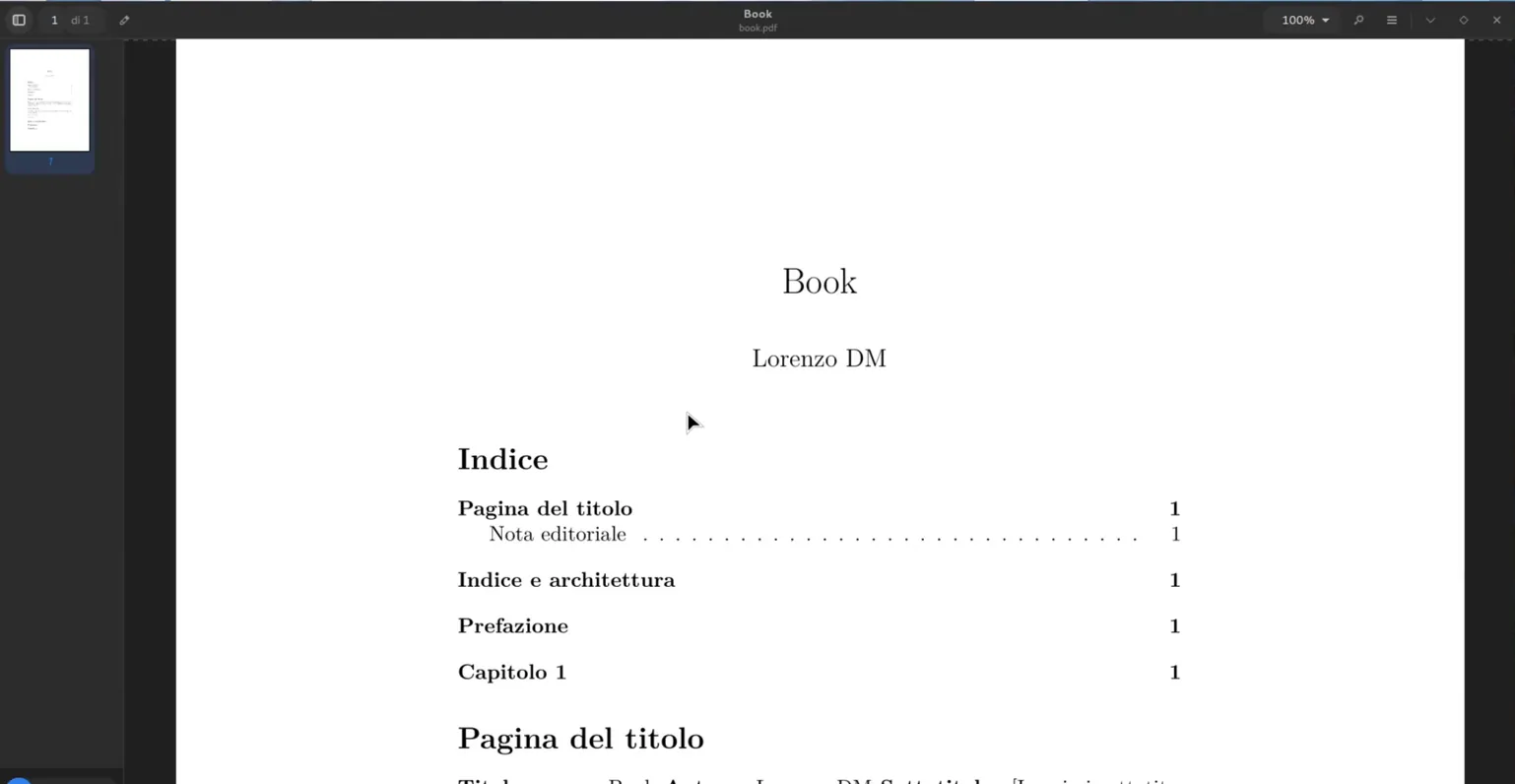 Il PDF esportato da Pecie aperto in un lettore di documenti: in alto il titolo «Book» e il nome dell&rsquo;autore, sotto l&rsquo;indice con Pagina del titolo, Nota editoriale, Indice e architettura, Prefazione e Capitolo 1