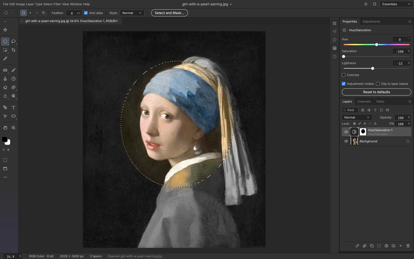 PhotoCraft con «La ragazza con l&rsquo;orecchino di perla» di Vermeer: una selezione ellittica tratteggiata intorno al volto e un livello Tonalità/Saturazione con saturazione a -100 che rende grigio tutto ciò che sta fuori dalla selezione, mentre il viso resta a colori