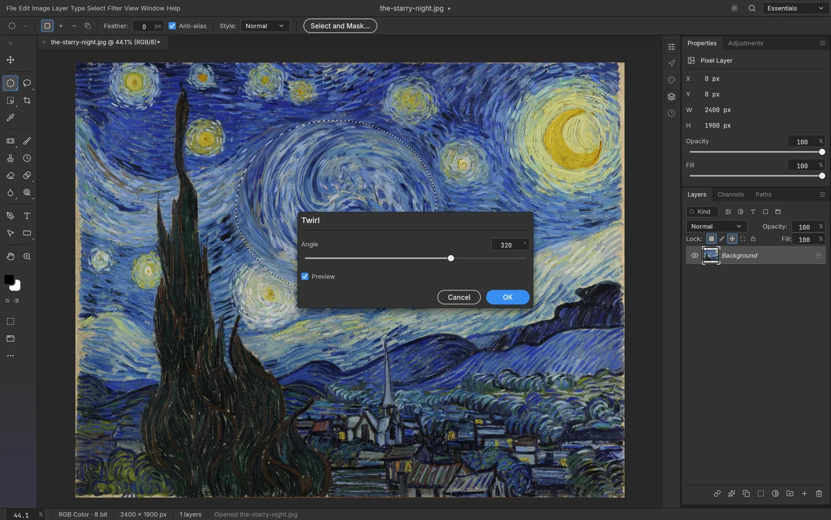 PhotoCraft con «Notte stellata» di Van Gogh: una selezione ellittica nel cielo e la finestra del filtro Twirl aperta, con angolo a 320 gradi, anteprima attiva e i pulsanti Cancel e OK