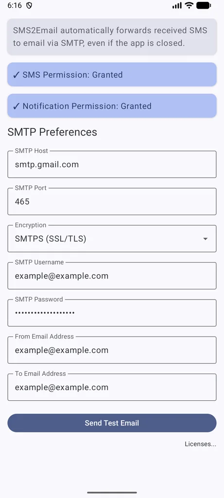 Schermata di SMS2Email: in alto il riquadro «SMS2Email automatically forwards received SMS to email via SMTP, even if the app is closed» e i permessi SMS e notifiche concessi; sotto, i campi SMTP Host (smtp.gmail.com), SMTP Port (465), Encryption (SMTPS), username, password, indirizzo del mittente e del destinatario, e il pulsante «Send Test Email»